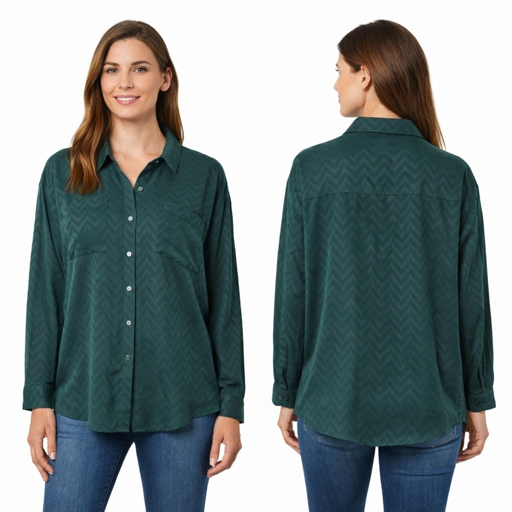 Chevron Button Up Shirt Womens Small Green Jacquard Minimalist NEW
